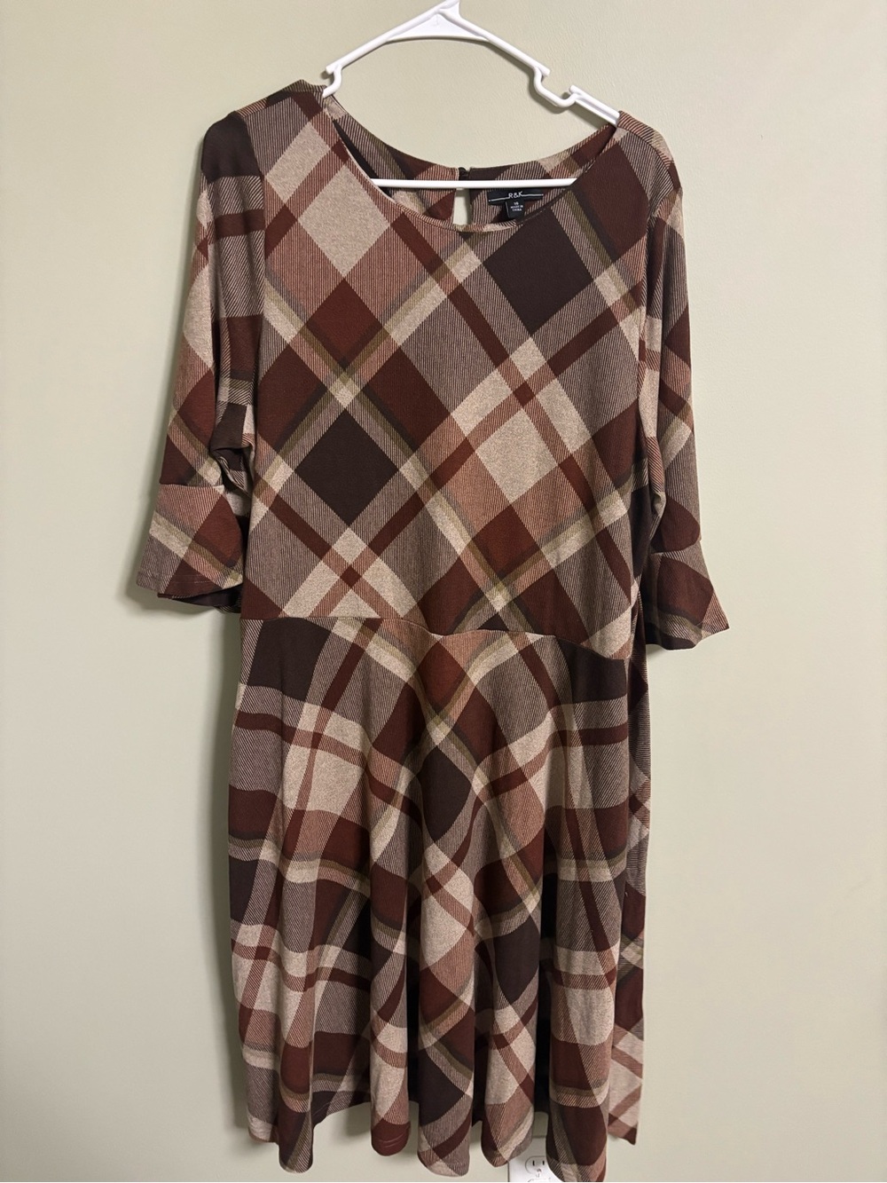 R&K Originals Brown Plaid Fit & Flare Midi Dress Bell Sleeve Size 16 XL New Fall